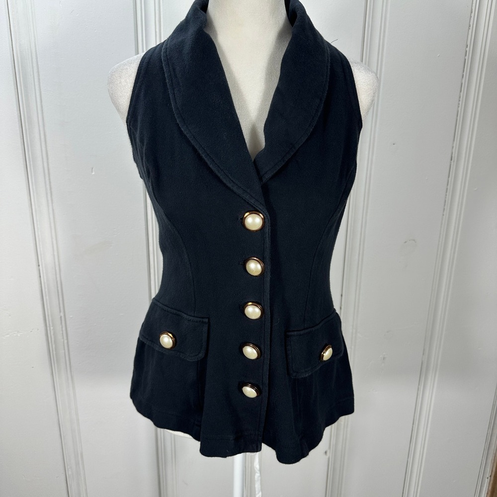 La Belle Vest Womens Small Black Vintage Pearl Button Shawl Collar